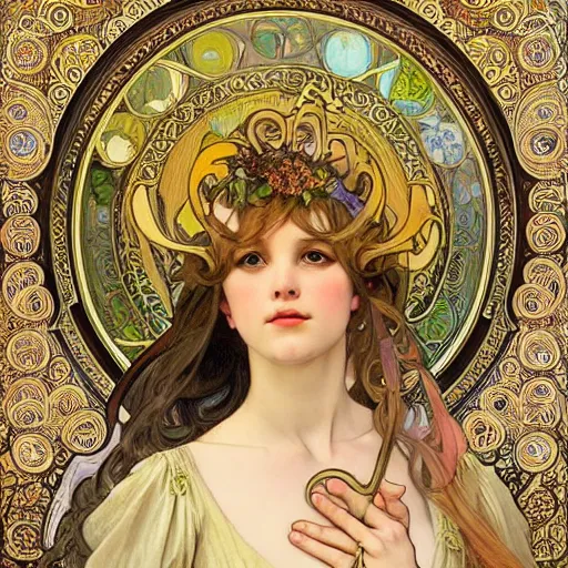 Prompt: realistic detailed face portrait of a beautiful young medieval fairy queen by Alphonse Mucha, Greg Hildebrandt, and Mark Brooks, gilded details, spirals, Neo-Gothic, gothic, Art Nouveau, ornate medieval religious icon