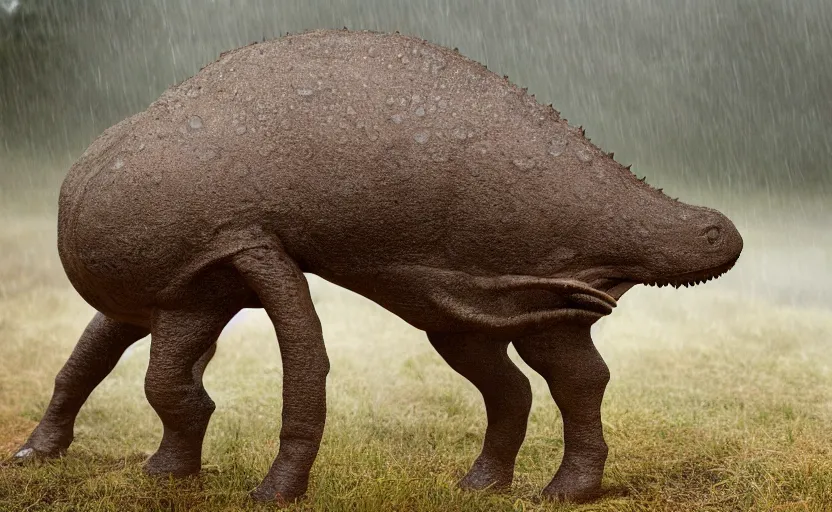 Image similar to nature photography of a rain soaked triceratops and her baby, african savannah, rainfall, muddy embankment, fog, digital photograph, award winning, 5 0 mm, telephoto lens, national geographic, muscular legs, large eyes