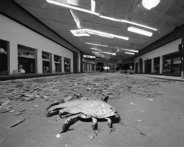 Prompt: camera footage of a Gigantic cockroach Headcrab in an abandoned shopping mall, high exposure, dark, monochrome, camera, grainy, CCTV, security camera footage, timestamp, zoomed in, fish-eye lens, headcrab, cockroach, spider, horrifying :4