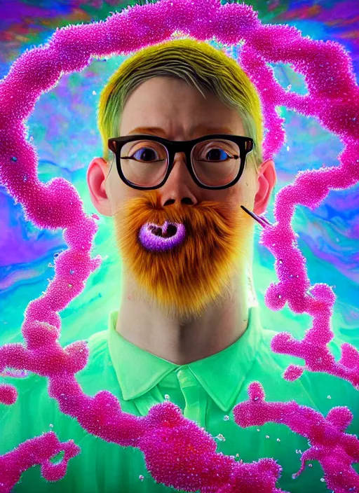 Prompt: hyper detailed 3d render like a Oil painting - kawaii portrait of Hank Green in Aurora (Singer) seen Eating of the Strangling network of yellowcake aerochrome and milky Fruit and Her delicate Hands hold of gossamer polyp blossoms bring iridescent fungal flowers whose spores black the foolish stars by Jacek Yerka, Mariusz Lewandowski, Houdini algorithmic generative render, Abstract brush strokes, Masterpiece, Edward Hopper and James Gilleard, Zdzislaw Beksinski, Mark Ryden, Wolfgang Lettl, hints of Yayoi Kasuma, octane render, 8k