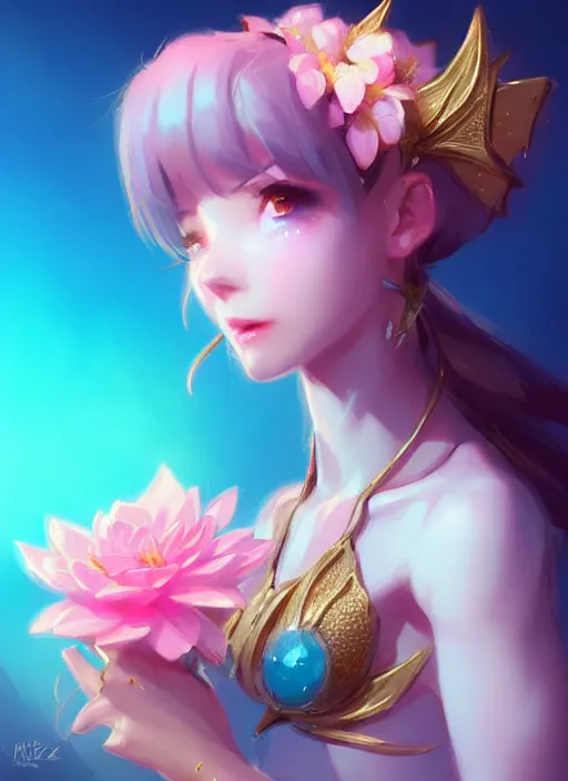 Image similar to cute little dragon, flowers, neon blue, light pink, gold, diamonds, highly detailed, artgerm, cushart krenz, artstation, soft light, sharp focus, illustration, character design, concept art