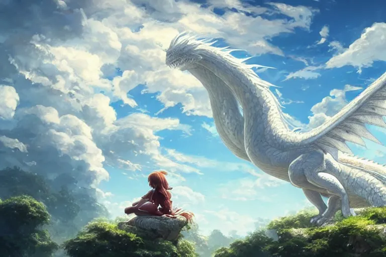 Image similar to the beautiful hyper detailed big scene render that a beautiful girl sitting on the back of a huge silver white dragon alone in fairyland surrounded by white clouds, finely detailed angelic face delicate features, style of studio ghibli, makoto shinkai, raphael lacoste, artgerm, karol bak, kazuki tanahashi, james jean, ross tran, ultra wide angle