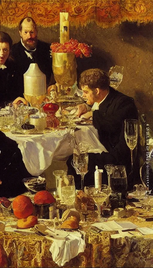 Prompt: still life painting of party hit by asteroid, by Peder Krøyer, golden hour, dramatic lighting, epic, gargantuan, intricate detail, canvas print