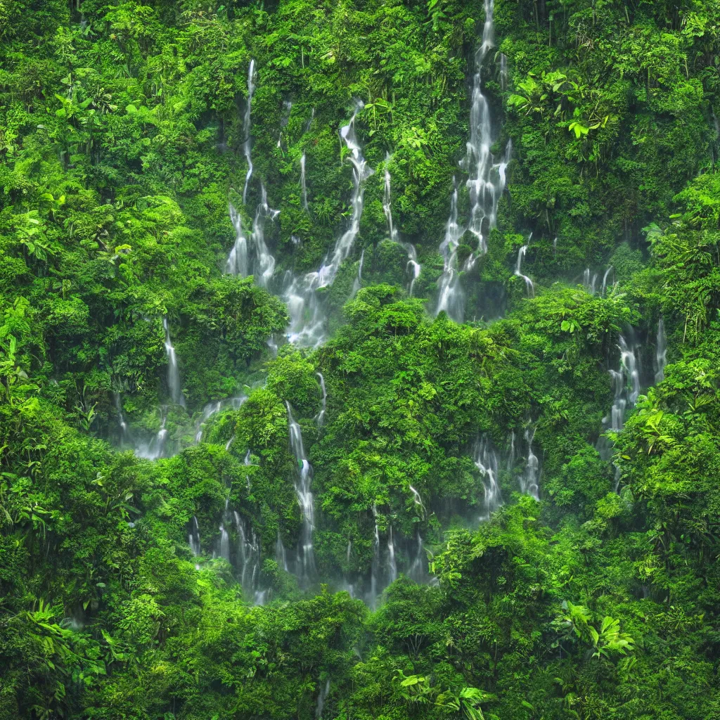 Prompt: a jungle in amazon, detailed dreamscape, hyperreal phantastic, drone shot, intricate details in environment, golden ratio, high aestehtic, waterfalls and lakes, cinematic light dramatic light, lightrays, in the style of terrence mallick cinematography, trending on artstation