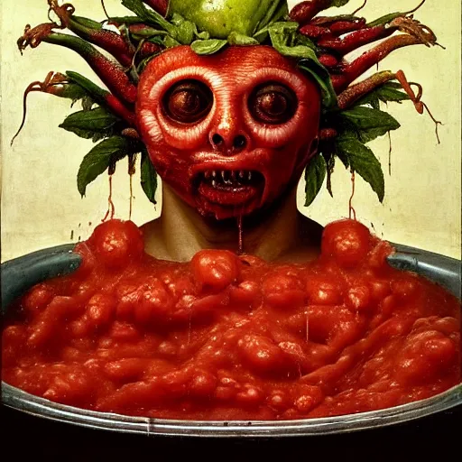 Image similar to a boy sitting in a bathtub full of tomato sauce, looking straight into camera, screaming in pain, by giuseppe arcimboldo and ambrosius benson, renaissance, fruit, intricate and intense oil paint, a touch of beksinski and hr giger, realistic