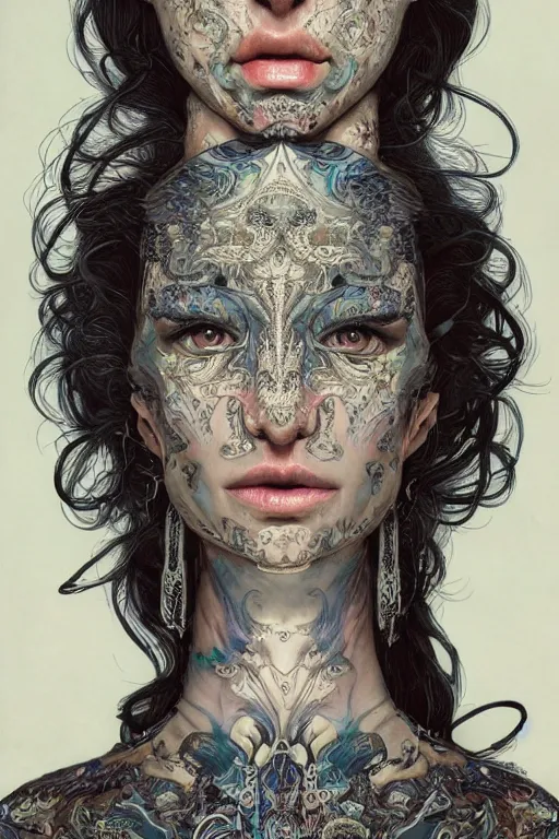 Image similar to A fractal Mesmerizing 8k hyperrealistic Photo Portrait of a pale skinned human with a tattoo by Joe Fenton that is transforming into iridescent geometry, cyberpunk, Surrounded by Mist, highly detailed, intricate, sci-fi, sharp focus, subsurface scattering, art by Ayami Kojima, artgerm, Greg Tocchini, Alphonse Mucha, Yoshitaka Amano