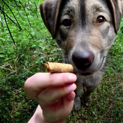 Image similar to trail cam footage of a anthropomorphic puppy smoking a cigar