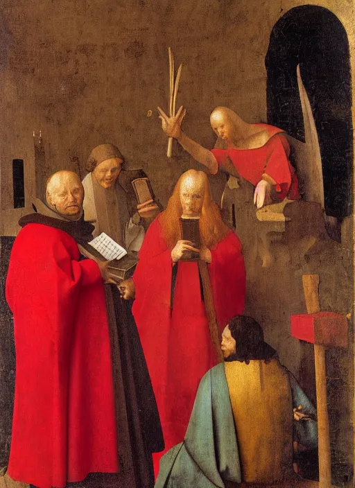 Image similar to fallen angels dressed in red reading the bible and arguing in Tuscany by Jan van Eyck, Hieronymus Bosch, Johannes Vermeer 4k post-processing, highly detailed medieval painting