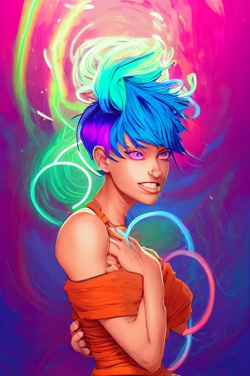 Image similar to a award winning full body portrait of a beautiful woman with stunning eyes in a one off shoulder croptop and cargo pants with rainbow colored hair, outlined by whirling illuminated neon lines and fine lines swirling in circles by jesper ejsing and rhads and makoto and shinkai and lois van baarle, digital art, trending on artstation