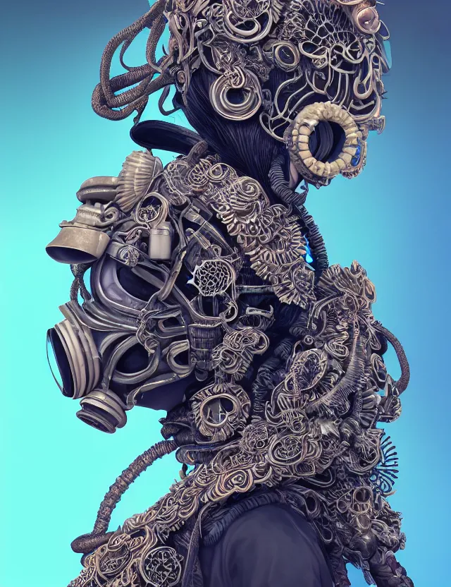 Image similar to 3 d goddess close - up profile portrait with vintage gas mask ram skull. beautiful intricately detailed japanese crow kitsune mask and clasical japanese kimono. betta fish, jellyfish phoenix, bio luminescent, plasma, ice, water, wind, creature, artwork by tooth wu and wlop and beeple and greg rutkowski