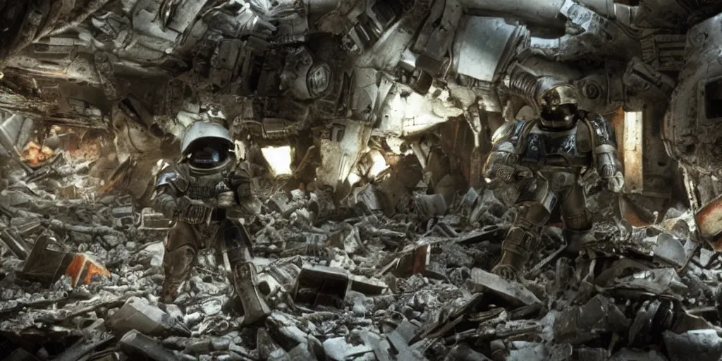 Prompt: color film still, a space marine exploring inside a destroyed settlement ; alien 2 ( 1 9 8 6 )