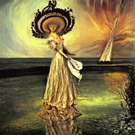 Prompt: Marie Antoinette levitating over the waters. By El Greco, Remedios Varo, Salvador Dali, Carl Gustav Carus, John Atkinson Grimshaw.