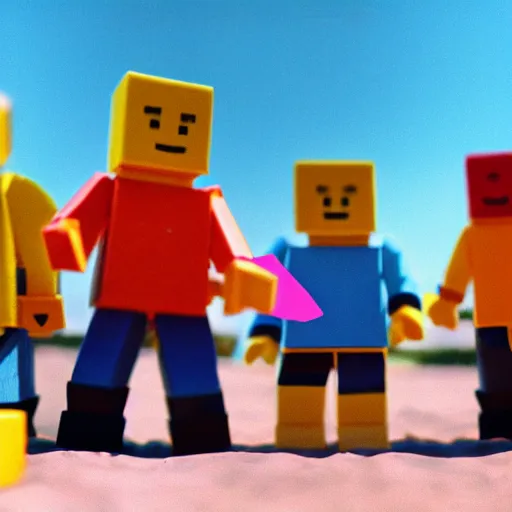 Prompt: 35 mm photo of block figures looking like roblox figures playing with a computer in a block world, having fun in the sun, bright and fun colors