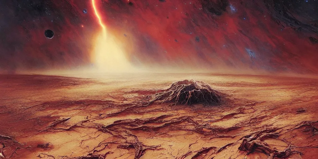 Image similar to supernova tornado, alien surface planet covered with black tree roots, red desert mars, norilsk, painted by ruan jia, raymond swanland, lawrence alma tadema, zdzislaw beksinski, norman rockwell, jack kirby, tom lovell, alex malveda, greg staples, steve mccurry