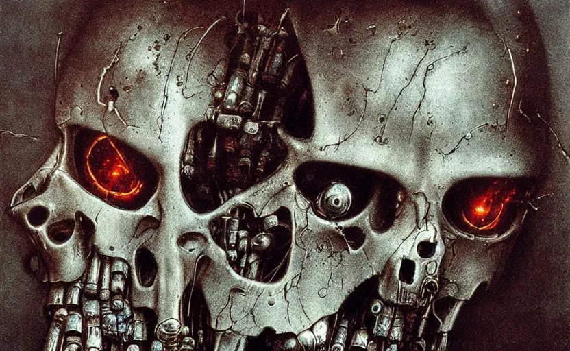 Prompt: terminator endoskeleton crying by beksinski