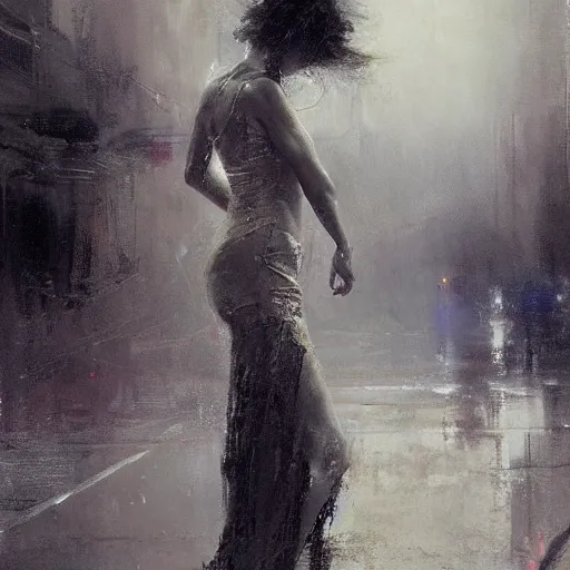 Image similar to full length portrait of a beautiful goddess, dancing in the rain, by Jeremy Mann, detailed, stylized, loose brush strokes, intricate, realistic, exaggerated lighting, sense of scale, free, melancholy