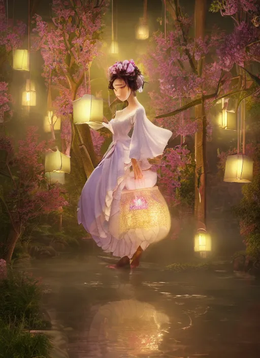 Prompt: japanese village with paper lanterns, angle view of anthropomorphic octopus woman wearing a flowing light lavendar couture dress with puffy sleeves made of paper, paper orchid flowers, heavenly light, 3 d, very detailed, octane render, trending artstation, artgem