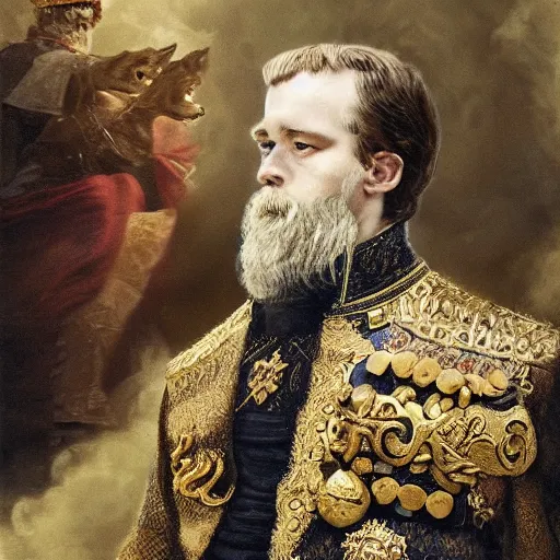 Prompt: Photo of Russian Tsar Nicholas 2 taking dragon from game of thrones on a lead as a dog, photorealism,