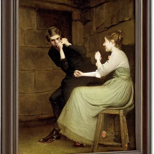 Prompt: young victorian man and woman solving a riddle in a dungeon, by alfred stevens