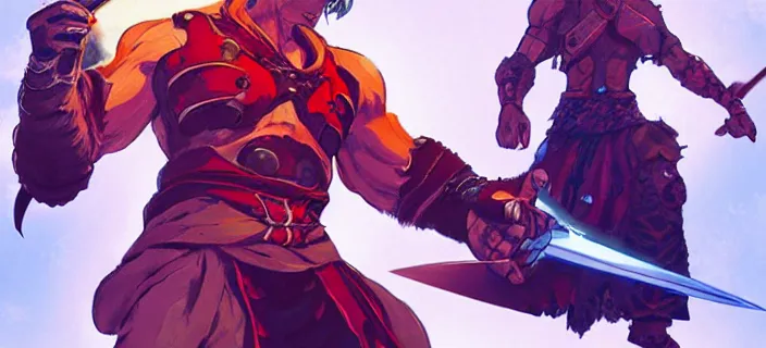 Image similar to character design, idle, colored, sword, sprite, tekken, pc game, sideview, art by moebius and greg rutkowski! dream character design, idle, colored, sword, sprite, hades by supergiant games, pc game, sideview, art by moebius and greg rutkowski and artgerm