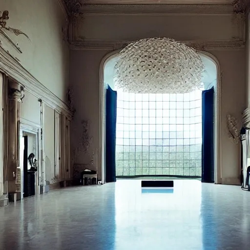 Image similar to giant Italian modern castle living room, clean minimalist design, that is 1300 feet tall, a sculpture installation of a series of 8 feet tall modern mirror finish, smooth, organic shaped sculptures by John Chamberlain, photo by Annie Leibovitz