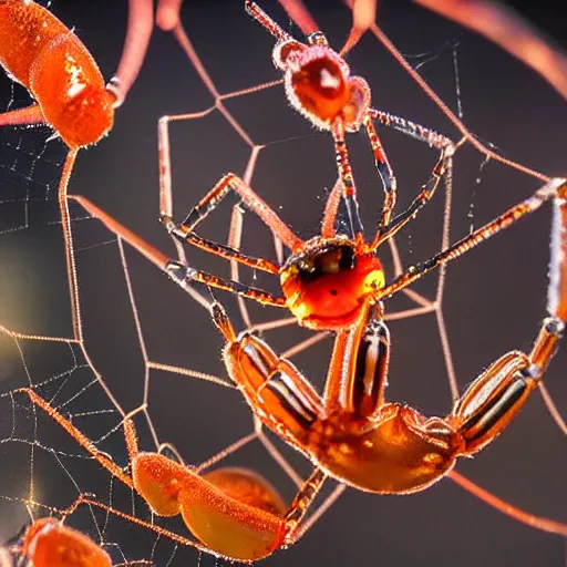 Image similar to high quality close-up photo translucent gelatinous spiders! gorgeous highly detailed hannah yata elson peter cinematic orange lighting high quality low angle hd 8k sharp shallow depth of field