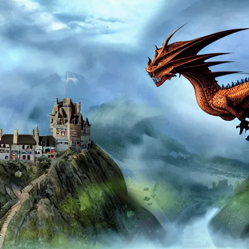 Image similar to a dragon flying above a castle, 8 k concept art