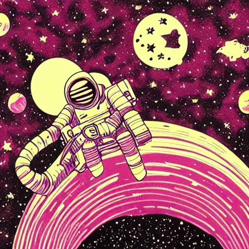 Prompt: colorful illumination animation, mcbess illustration, an astronaut drifting through space