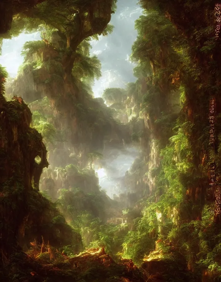 Image similar to an ancient temple lost in a forest by thomas cole, painting, cinematography, epic lighting,