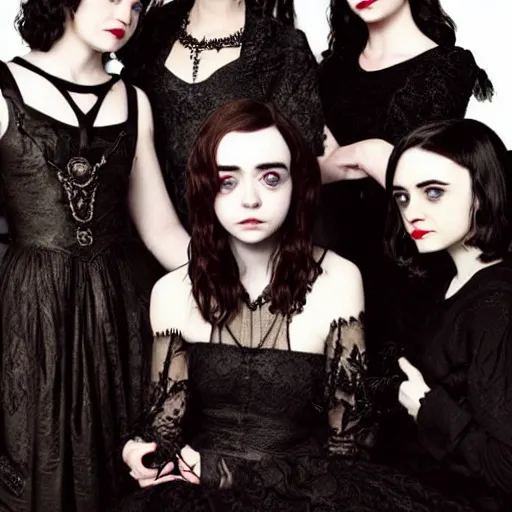 Prompt: beautiful gothic portrait of Maisie Williams, Krysten Ritter, Anne Hathaway and Natalia Dwyer Christina Ricci and Lily Collins