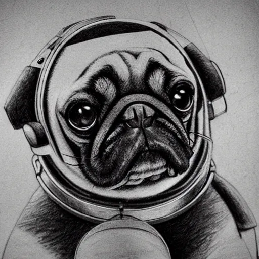 Image similar to pencil art, golden - ratio, spirals, highly detailed, astronaut pug in outer space by davinci.