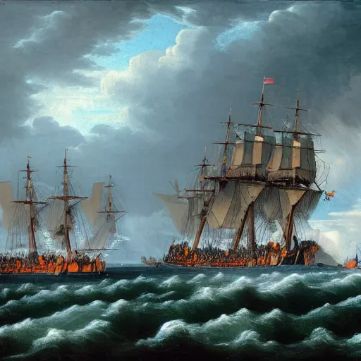 Image similar to trafalgar naval battle, stormy weather