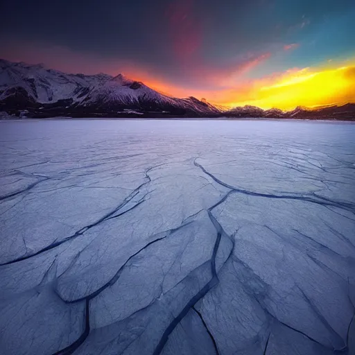 Image similar to amazing landscape photo of A monster trapped under the ice transparent frozen lake at sunset by marc adamus beautiful dramatic lighting