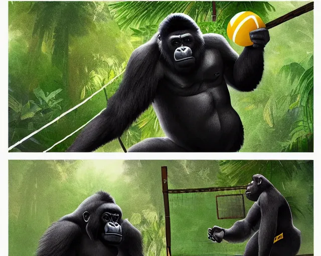 Image similar to a gorilla playing volleyball in a jungle, holding a volleyball, volleyball net, digital art, in the style of greg rutkowski