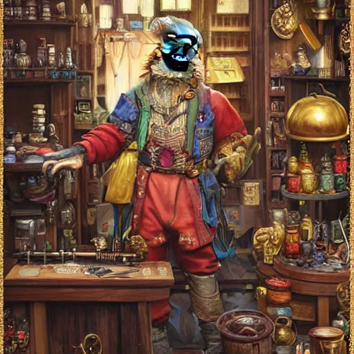 Image similar to A Anthropomorphized parrot trader in his shop, selling his wares, portrait, items, gold, carpet, window, sly expression, cunning expression, D&D, fantasy, intricate, cinematic lighting, highly detailed, digital painting, artstation, concept art, smooth, sharp focus, illustration, magic the gathering artwork, art by Akihiko Yoshida, Greg Rutkowski