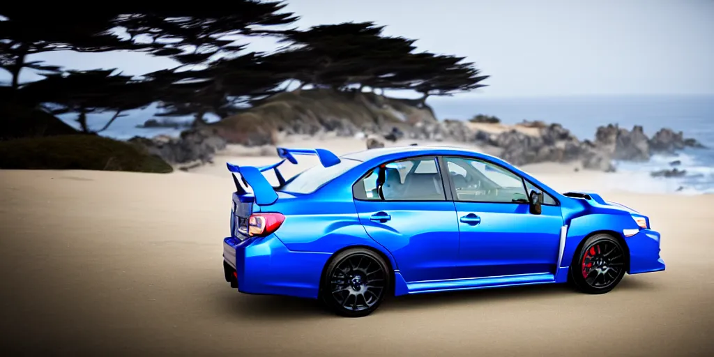 Image similar to photograph, 2013 Subaru WRX STi, hatchback, cinematic, california coast, ocean view, 8k, depth of field, bokeh.