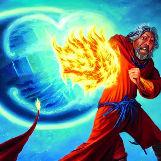 Image similar to Highly detailed oil painting, concept art, of a wizard casting a fireball spell, fighting against a huge ice giant, red and blue color scheme, concept art, highly detailed.