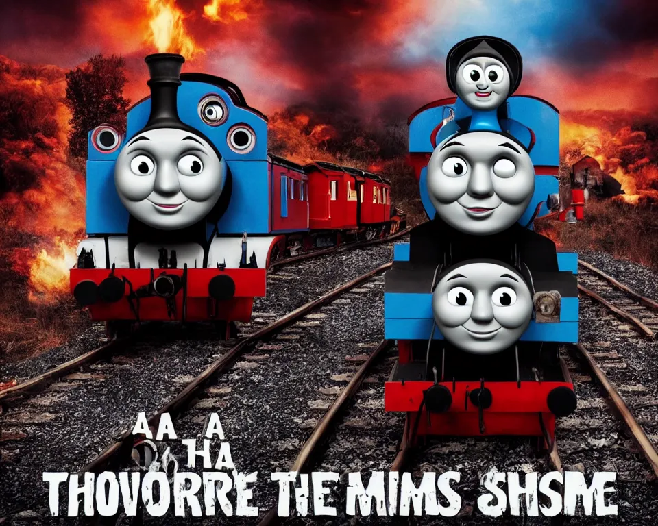 Image similar to a horror movie poster featuring Thomas The Tank Engine