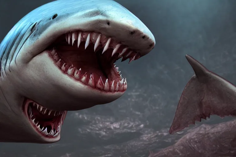 Prompt: a humanized shark made of muscles and flesh, very angry, teeth, ambient light, terror, glows, realistic, photo-realism, hyper realism, picture, detailed, 3D render, scary, distant shot, in the distance,