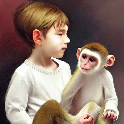 Prompt: young boy wearing white fabric pajama with cartoon paintings on it. standing and looking on a small furry smiling monkey. highly detailed, digital painting, artstation, concept art, smooth and sharp focus, cg by tian zi and wlop and alphonse mucha