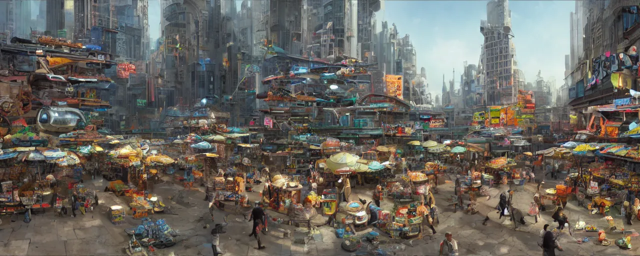 Image similar to street level view of a futuristic market and trading post at the center of a large advanced metropolis busy with activity lots of market signs aliens and people with a floating cars on the streets by craig mullins, neil blevins, dylan cole, james paick, hyper realistic, 8 k, vray render, artstation, deviantart,