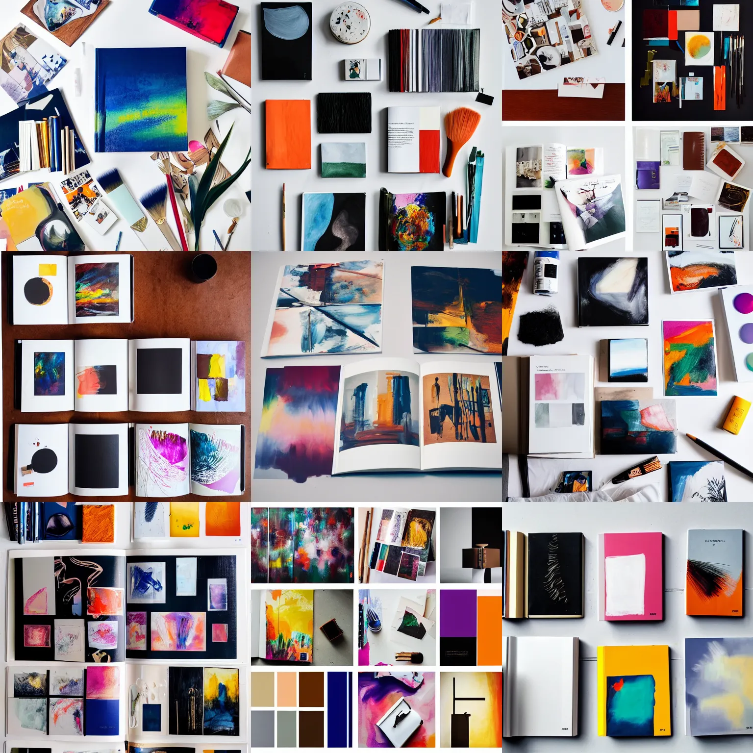 Prompt: flatlay art book collection, vivid colors, dramatic lighting, minimalist and clean, scattered paint brushes