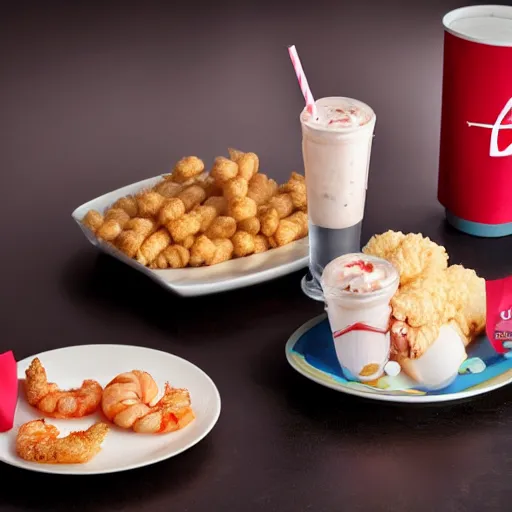 Image similar to a kfc milkshake next to a shrimp wearing a dress, on a beautiful plate, food photography, studio lighting, hyper realistic, sharp focus, hyper - detailed, 8 k resolution