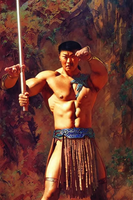 Image similar to wuxia, muscular male, character design, ancient china, colorful, painting by gaston bussiere, craig mullins, j. c. leyendecker, tom of finland