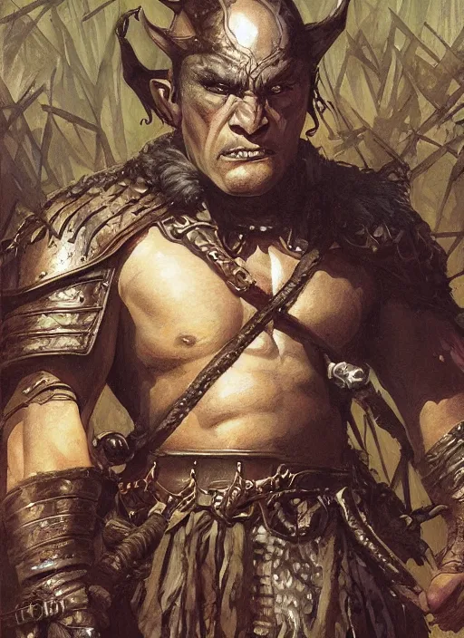 Prompt: a fantasy comic book style portrait painting of a bald half - orc male warrior, art by donato giancola and bayard wu and gustav moreau and wayne barlowe