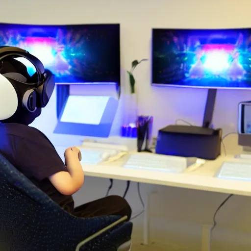 Prompt: cyber boy sitting in a virtual reality couch with a vr headset on in front of 5 computer monitors and multiple keyboards, hyperrealistic, 4 k