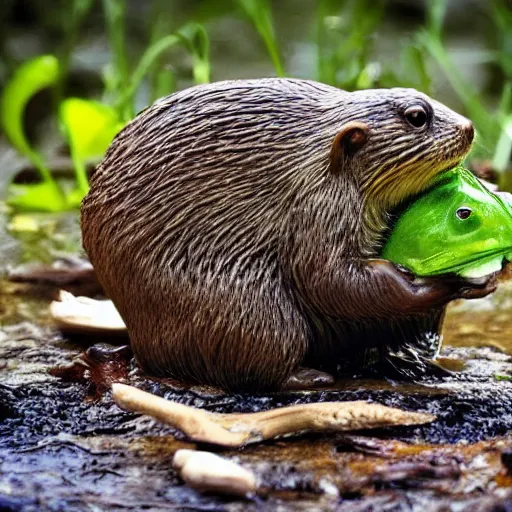 Image similar to “ a beaver eating a frog, animated ”