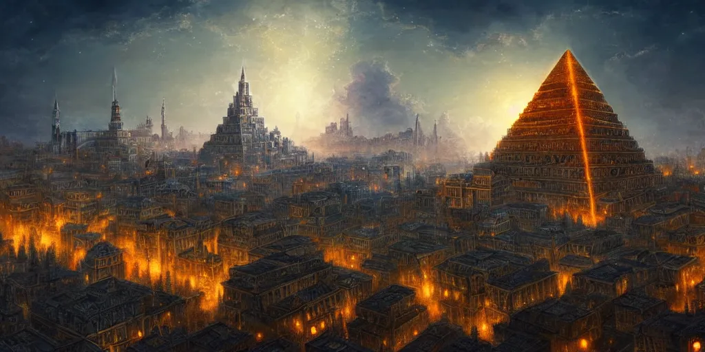 Image similar to magical city of the Great Tartarian Empire adorned with amazing lost technology, lighting resembling fireflies, spires from rooftops collecting and distributing etheric energy, the centerpiece of the city is a colossal ancient pyramid made of metal, cityscape, combining intense detail & utmost quality, Christian Hecker, Artstation, - H 832