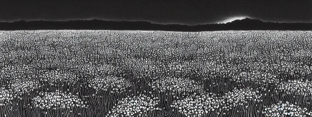 Image similar to A serene flower field at night by Kentaro Miura, highly detailed, black and white