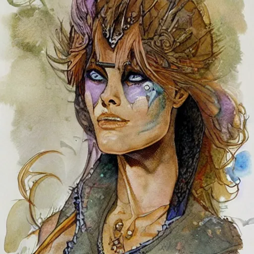 Image similar to a realistic and atmospheric watercolour fantasy character concept art portrait of brigitte bardot as a druidic warrior wizard looking at the camera with an intelligent gaze by rebecca guay, michael kaluta, charles vess and jean moebius giraud